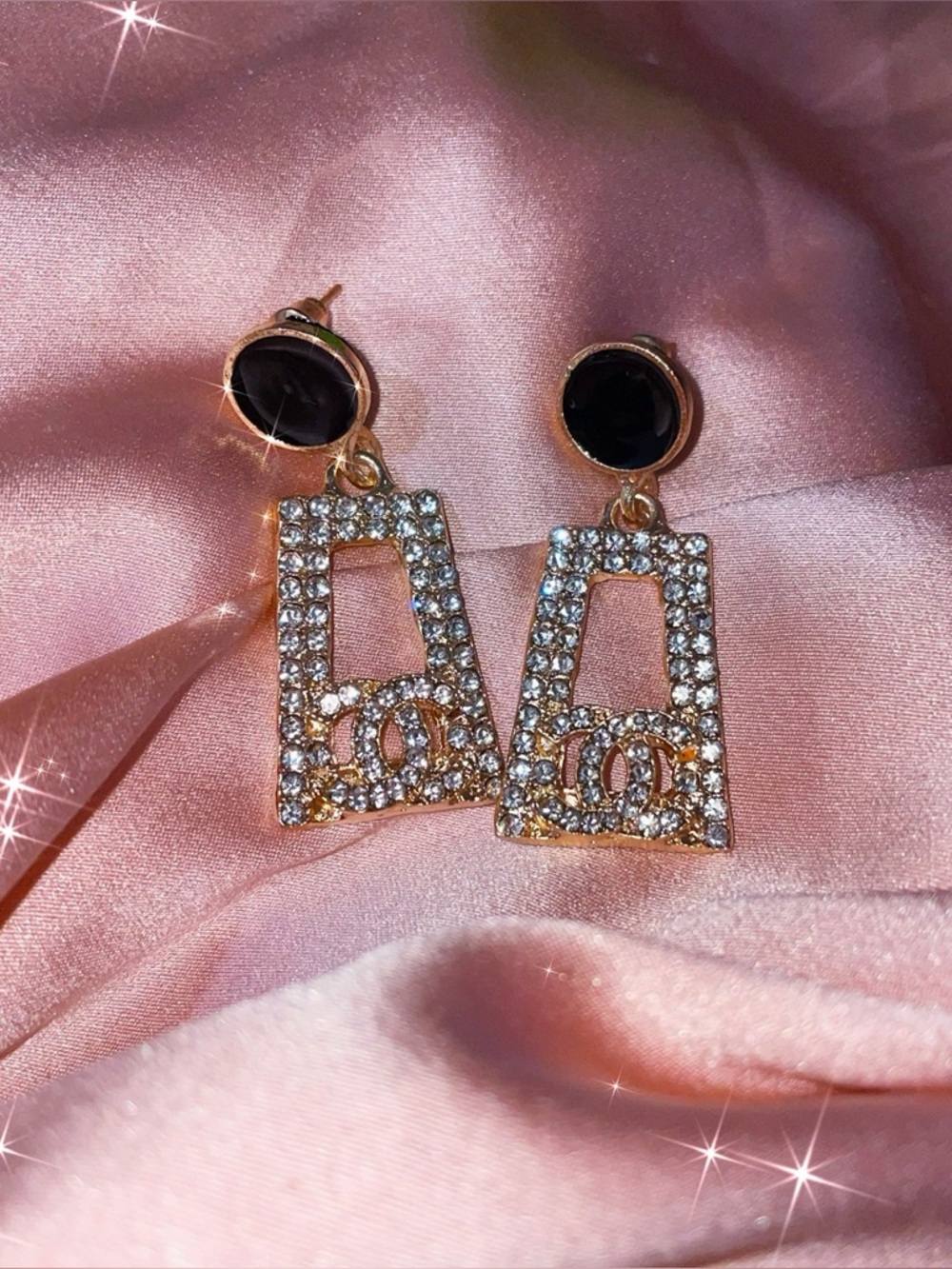 Gold Crystal Drop Earrings with Black Stone Accent